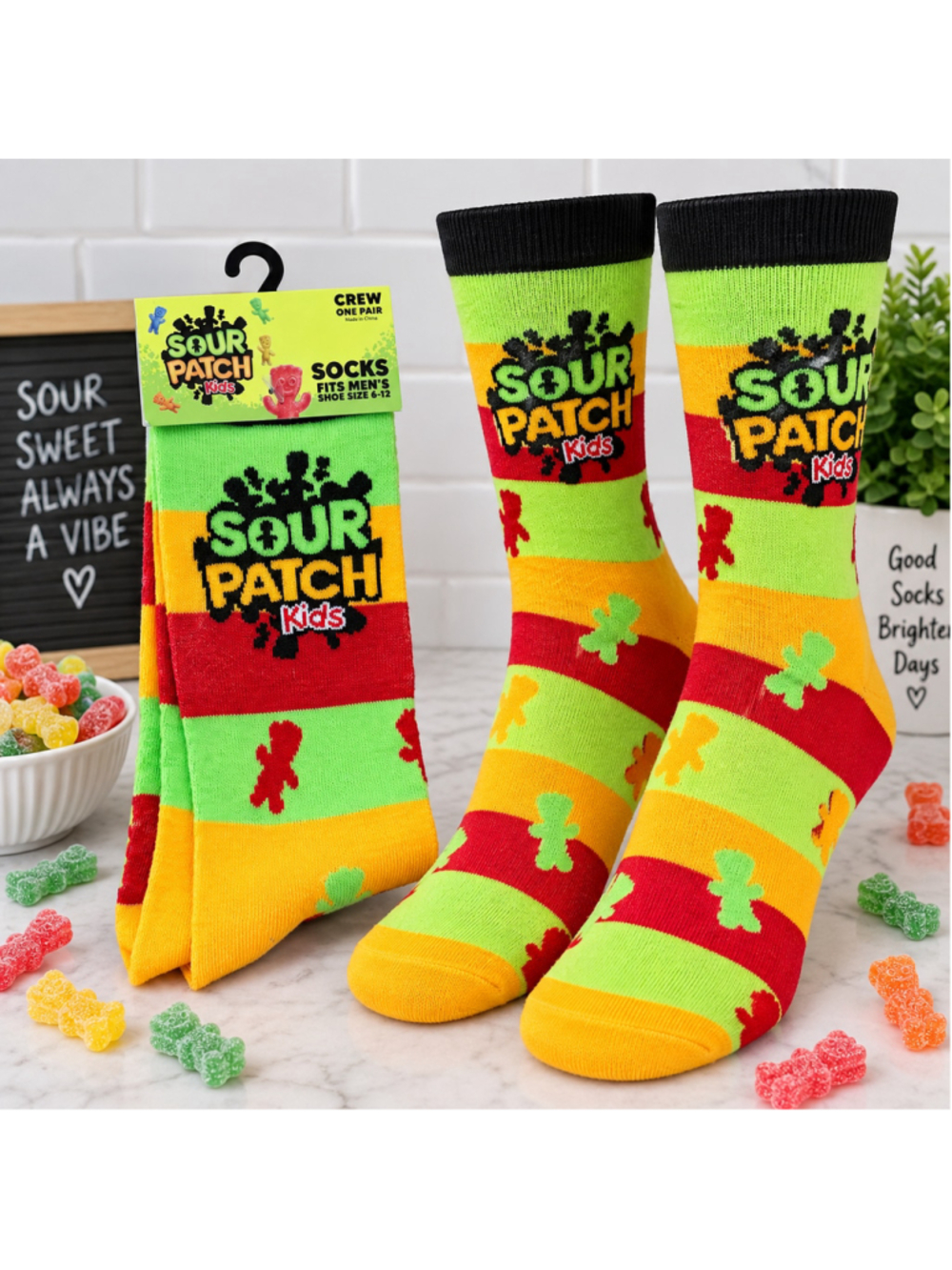 Men's Sour Patch Kids Crew Socks One Size Green Yellow